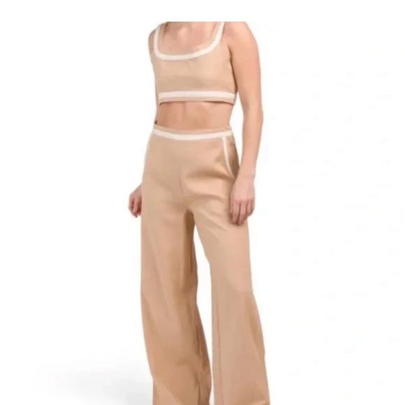 7 For All Mankind Linen Tan & Cream Wide Leg Pant & Tank Crop Top 2 Piece Set M - Picture 1 of 10